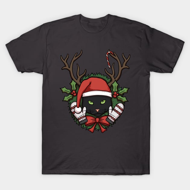 Black Christmas Cat T-Shirt by Cat Club